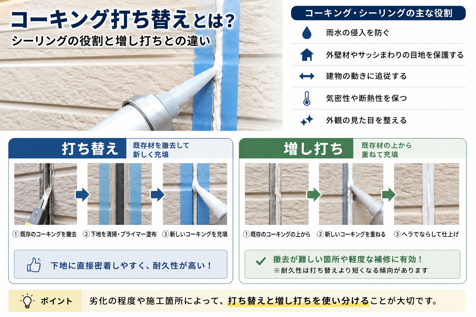 コーキングの打ち替えとは？増し打ちとの違い・費用・判断基準をプロが解説