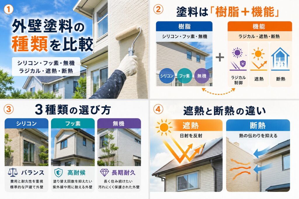【2026年版】外壁塗装の塗料の種類一覧｜シリコン・フッ素・無機・ラジカル・遮熱・断熱を比較