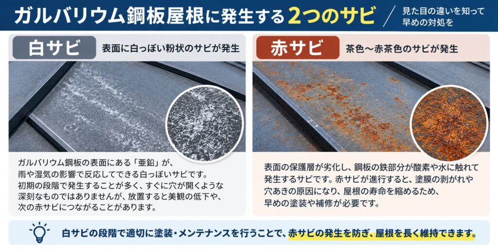 ガルバリウム鋼板屋根に発生する白サビと赤サビの違い