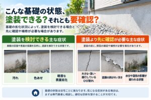 住宅の基礎塗装を検討できる症状と塗装前に状態確認が必要な症状の比較