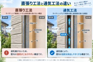 直張り工法と通気工法のサイディング・防水シート・下地・通気層の位置関係を示した画像